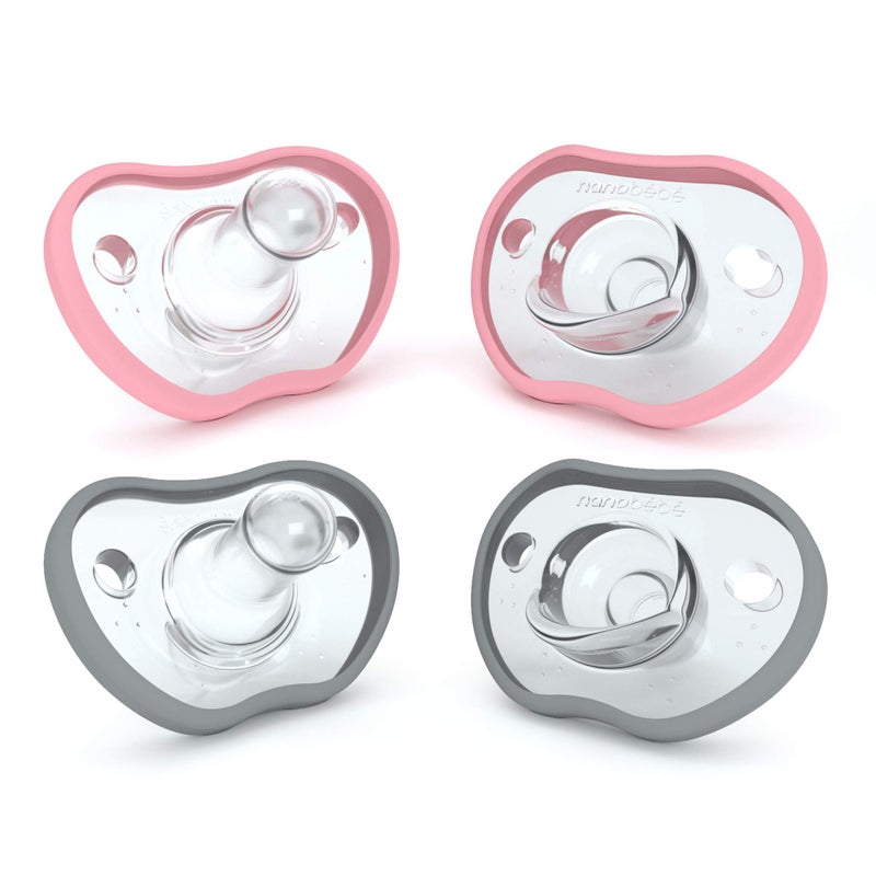 NANOBÉBÉ Nanobebe Baby Pacifiers 0-3 Month - Orthodontic, Curves Comfortably with Face Contour, Award Winning for Breastfeeding Babies, 100% Silicone, Baby Registry Gift 4pk,Pink/Grey - Image 1